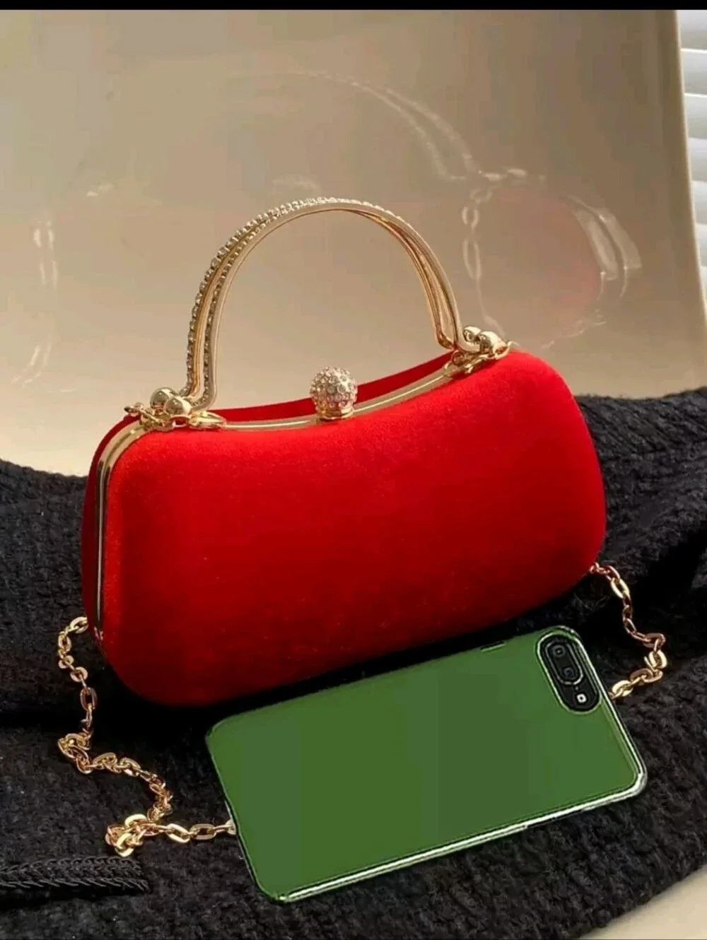 BRAND NEW ** Elegant Red Velvet Evening Clutch with Crystal Handle